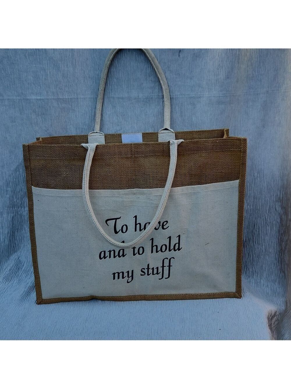 Wedding day‎ tote Bag.Natural jute tote bag with a white canvas front pocket